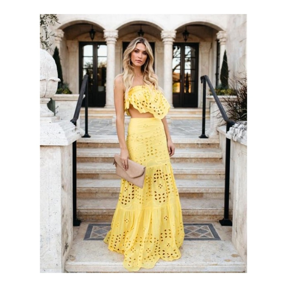 Luxxel Yellow Eyelet Maxi Skirt and bandeau top set